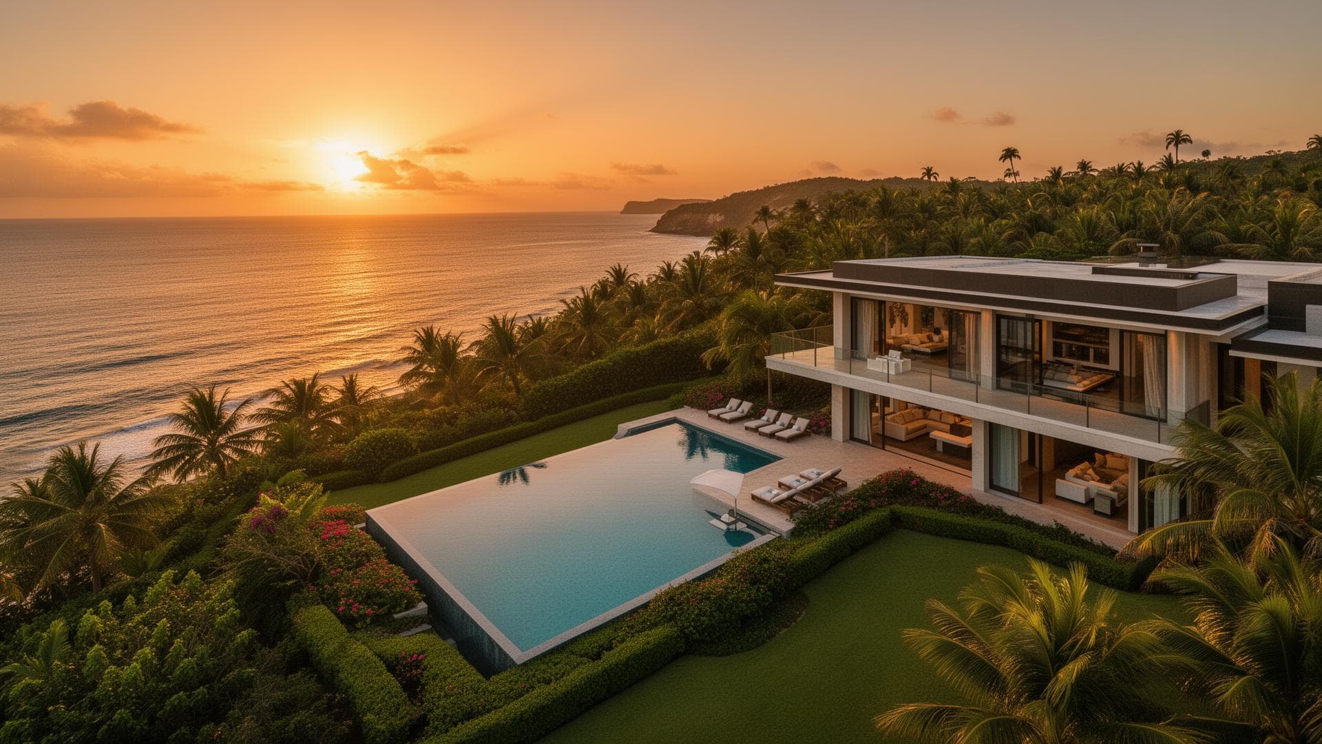 Oceanfront vacation rental at sunset